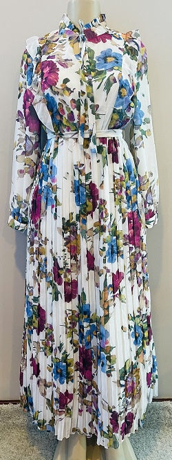 OZ DUMAN Dress Floral White Pleated (Magenta & Blue Flowers)