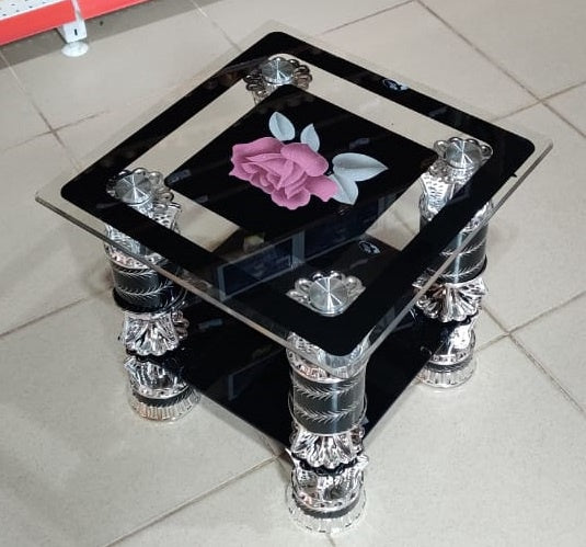 Glass Table Square Black & Silver Pink Flower CJ206
