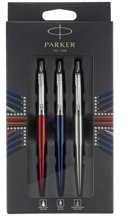 PARKER Pen Jotter London Trio Discovery Pack: Royal Blue Ballpoint Pen, Red Kensington Gel Pen & Stainless Steel Mechanical Pencil