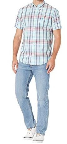 US POLO ASSN. Men Shirt Short Sleeve Button Down Us Polo Sea Mist Plaid