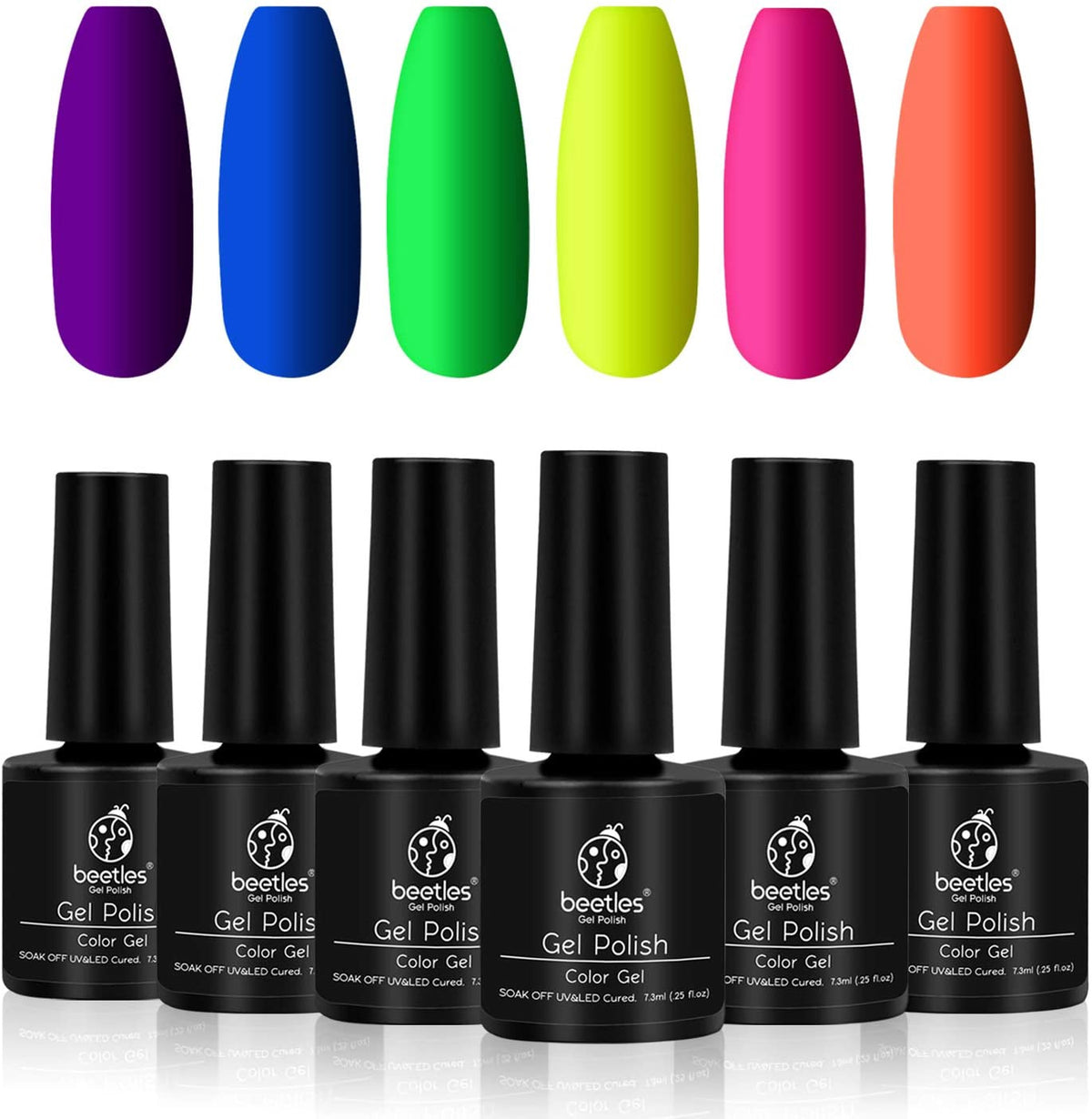 BEETLES Nails Polish Set Neon Gel Neon Orange Hot Pink Blue Yellow Green Purple 6 Colors Soak Off LED Gel Nail Kit