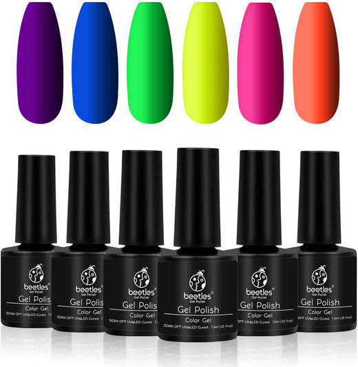 BEETLES Nails Polish Set Neon Gel Neon Orange Hot Pink Blue Yellow Green Purple 6 Colors Soak Off LED Gel Nail Kit