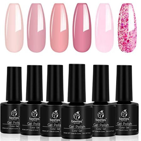 BEETLES Nail Pink Confetti Gel Nail Polish Kit- 6 Colors Nude Pink Series Glitter Set