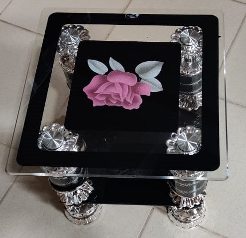 Glass Table Square Black & Silver Pink Flower CJ206
