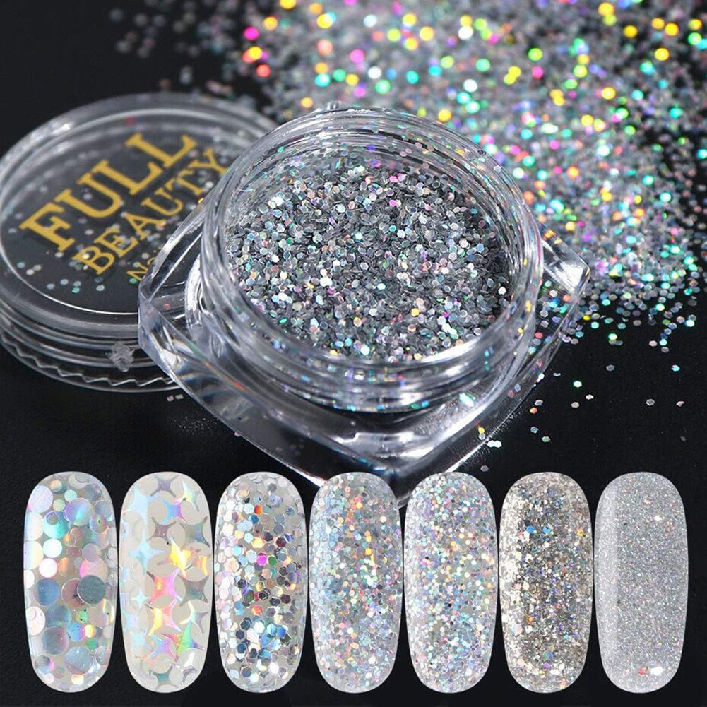 Nails Holographic Nail Art Sequins Glitter Kits, Kissbuty 8 Boxes Holographic Nails Powder Nail Art Sequins Metallic Shining Flakes Silver Nail Glitter Set for Nails Art Decoration Holographic Manicure