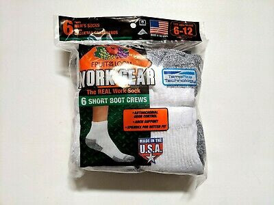 FRUIT OF THE LOOM Clothing Men's 6 Pair Full Cushion Work Gear Short Boot Crew Socks