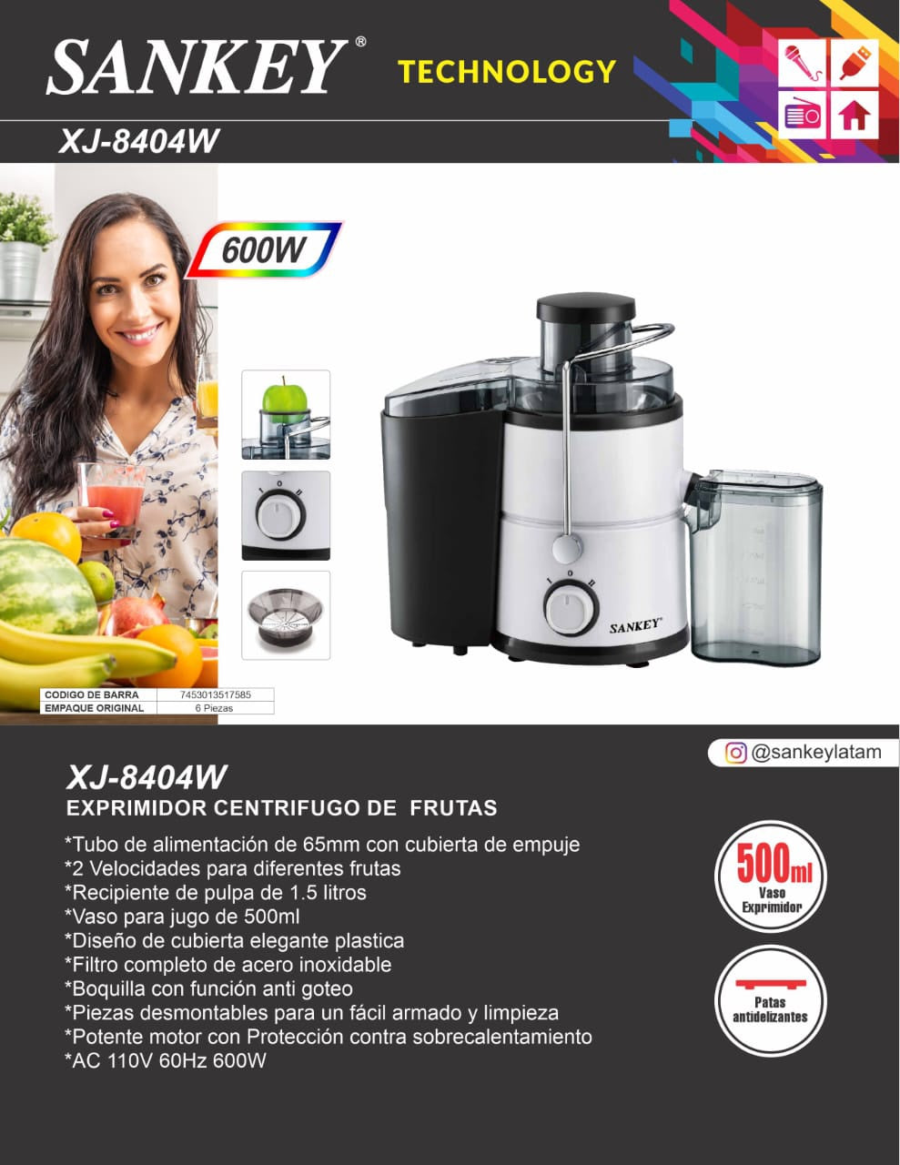 SANKEY Juice Extractor Xj 8404W 600W