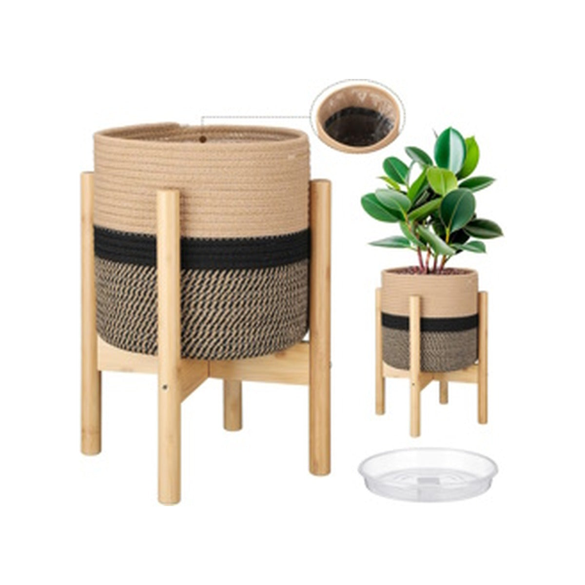 Woven Plant Basket + Stand (10 Inch,Black and Beige Stripes)