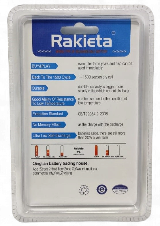RAKIETA Battery Rechargeable Aaa Blue 1000MAH 1.2V 4PCS Pack