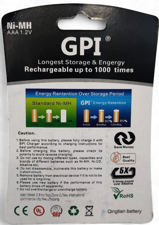 GPI Battery Rechargeable Aaa 900MAH 2PCS Pack NI-MH