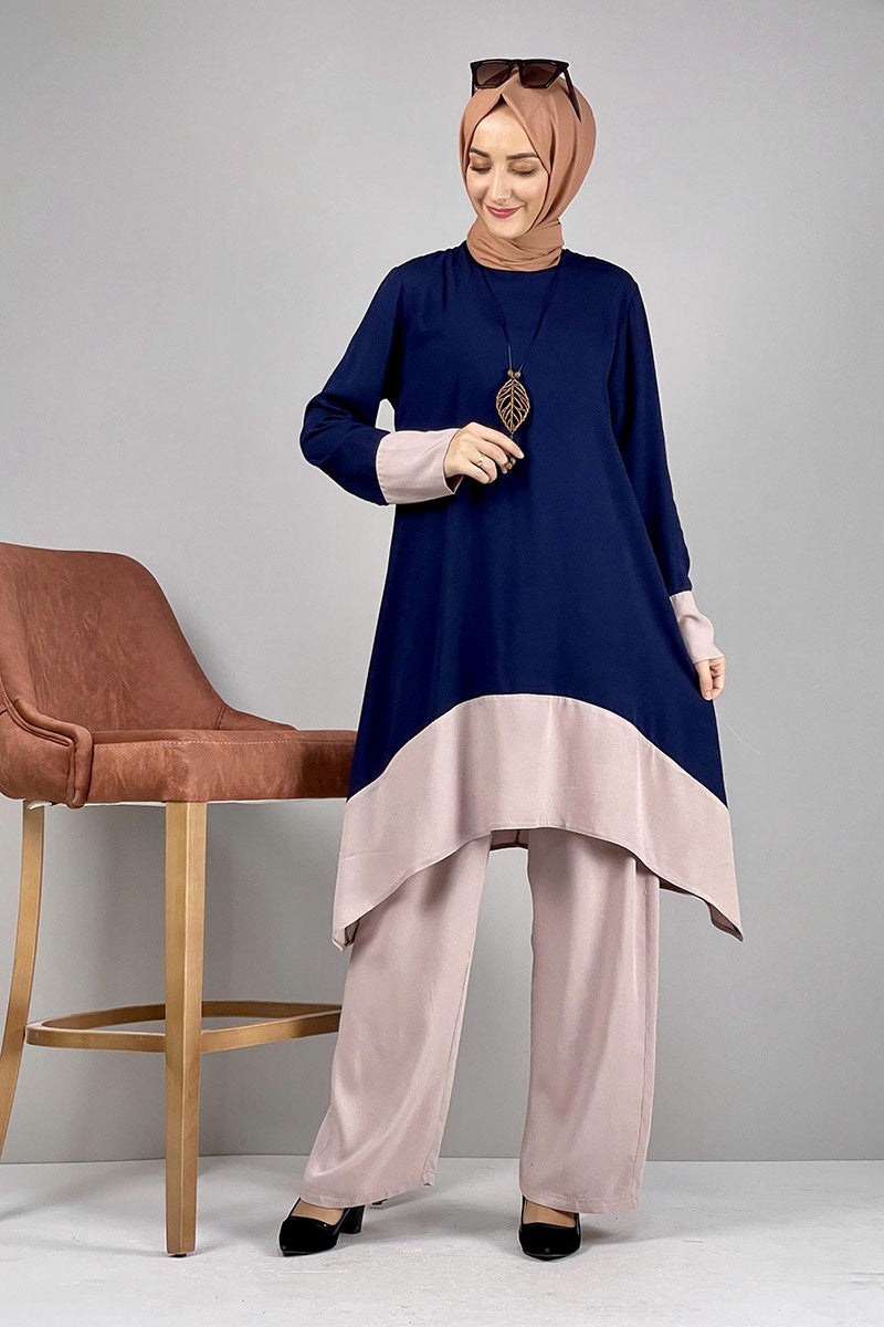 Pants Suit Navy & Beige Asymmetrical Hem Plus Size