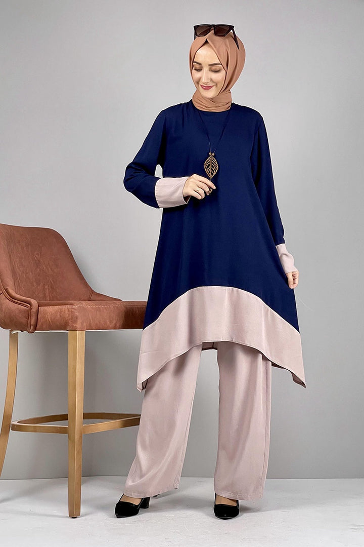 Pants Suit Navy & Beige Asymmetrical Hem Plus Size