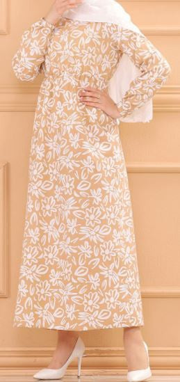 Dress Floral Camel & White Cotton