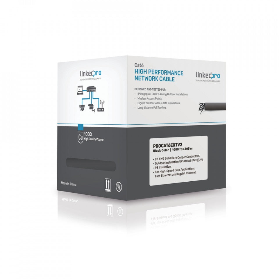 LINKEDPRO Computer Cable Cat 6 Wire Outdoor PROCAT6EXTV2 1000' Black