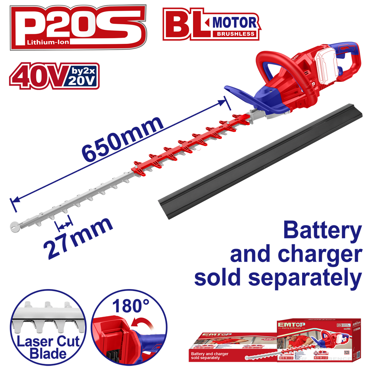 TOTAL Hedge Trimmer Emtop ELHT40028 Cordless 40V LITHIUM-ION