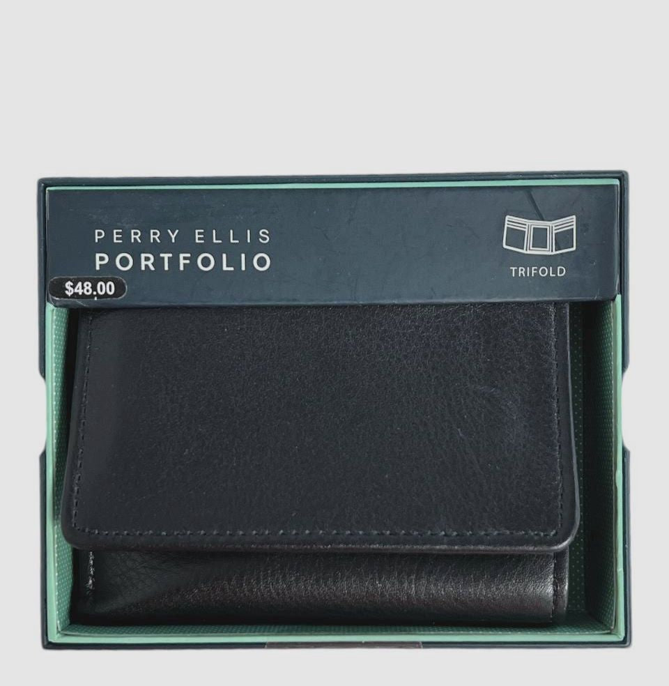 PERRY ELLIS Wallet Men Tri Fold Black IN Gift Box