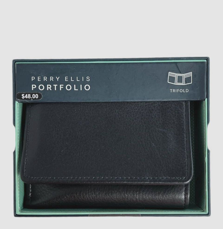 PERRY ELLIS Wallet Men Tri Fold Black IN Gift Box