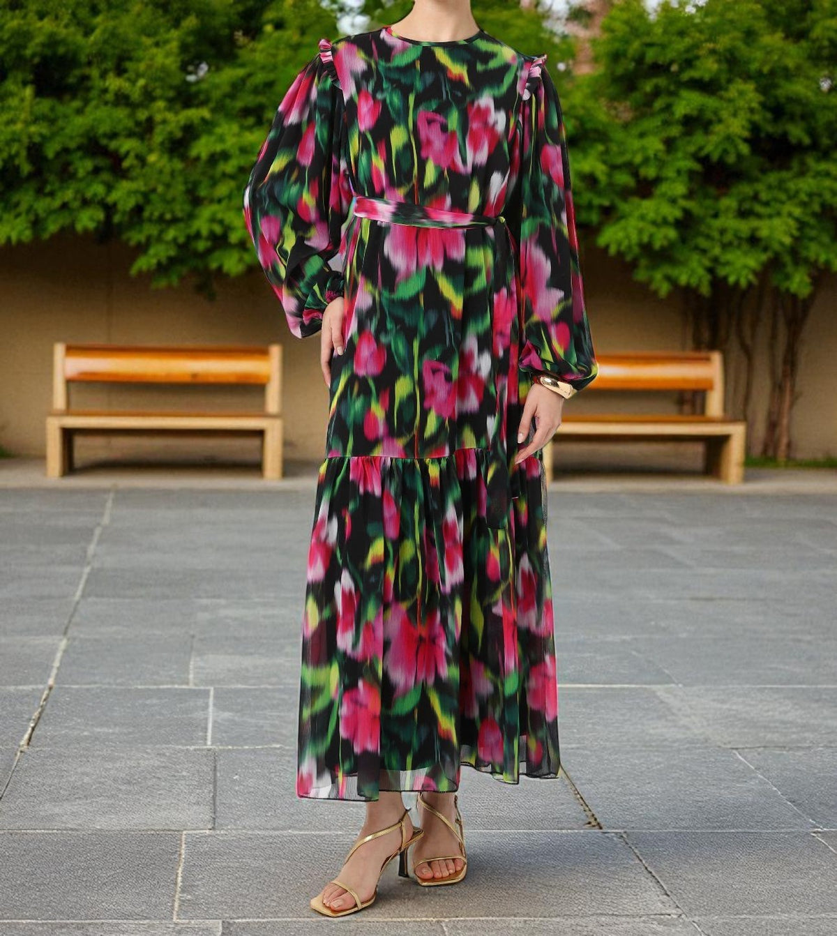 Dress Floral Lined Black / Orange
